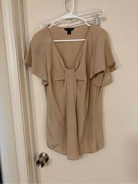 St. John Neutral Beige Tie-Front Flutter Sleeve Top 100% silk
